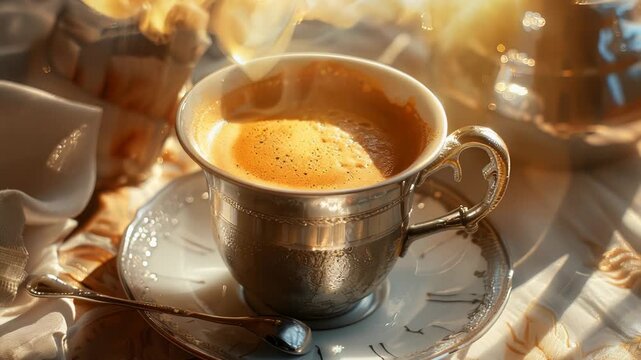 A delicious cup of espresso coffee with frothy milk foam, served on a dining table in the morning sunlight. Perfect for starting your day or enjoying a leisurely moment.