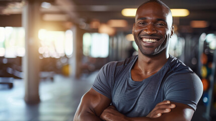 Obraz premium A relaxed man smiling, arms casually crossed, wearing athletic gear