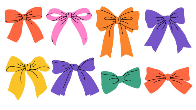 Contemporary colorful rainbow bow knots set. Hand-drawn groovy vector illustration. Simple childish set with a bows. Playful and whimsical design. Trendy hair braiding accessory. Girls accessories.