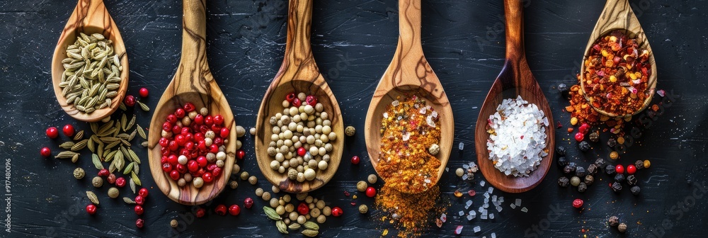 Poster wooden spoons with assorted spices on a table