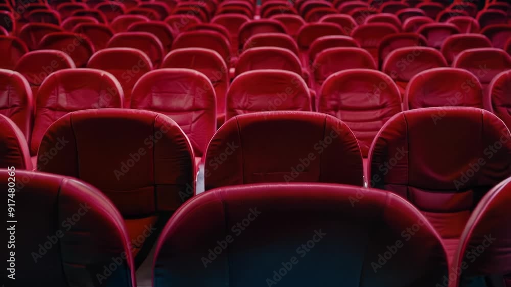 Poster the interior of a theatre or auditorium, with multiple empty red chairs arranged in rows. the view i