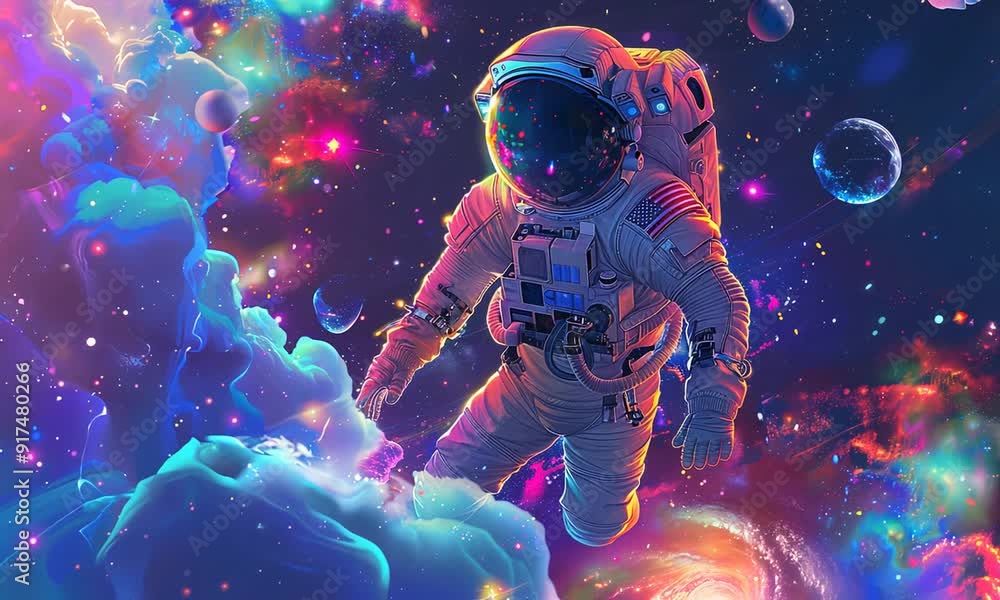Wall mural astronaut in space with colorful nebulae