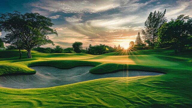 Landscape with a golf course at sunset. Green fairway and blue sky.