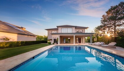 A large and inviting house featuring a pool in the front yard, perfect for outdoor entertainment and relaxation.