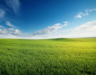 Fototapeta premium Green Field With Blue Sky Background - Serene Nature Landscape Photo