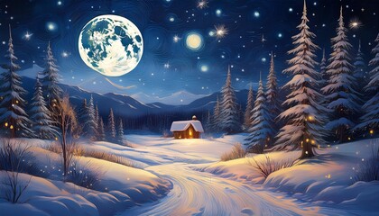 Naklejka premium A painting depicting a winter scene with snow covering the ground under a starlit sky. A full moon shines brightly, casting a soft glow over the serene landscape.