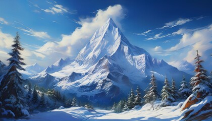 A painting depicting a mountain blanketed in snow, showcasing the winter landscape with white peaks and a cold atmosphere