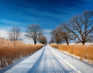 Obraz premium A rural road stretches through a snowy winter landscape, framed by bare trees and tall, golden reeds on either side