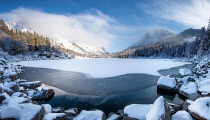 A frozen lake sits among snow covered rocks, creating a winter landscape