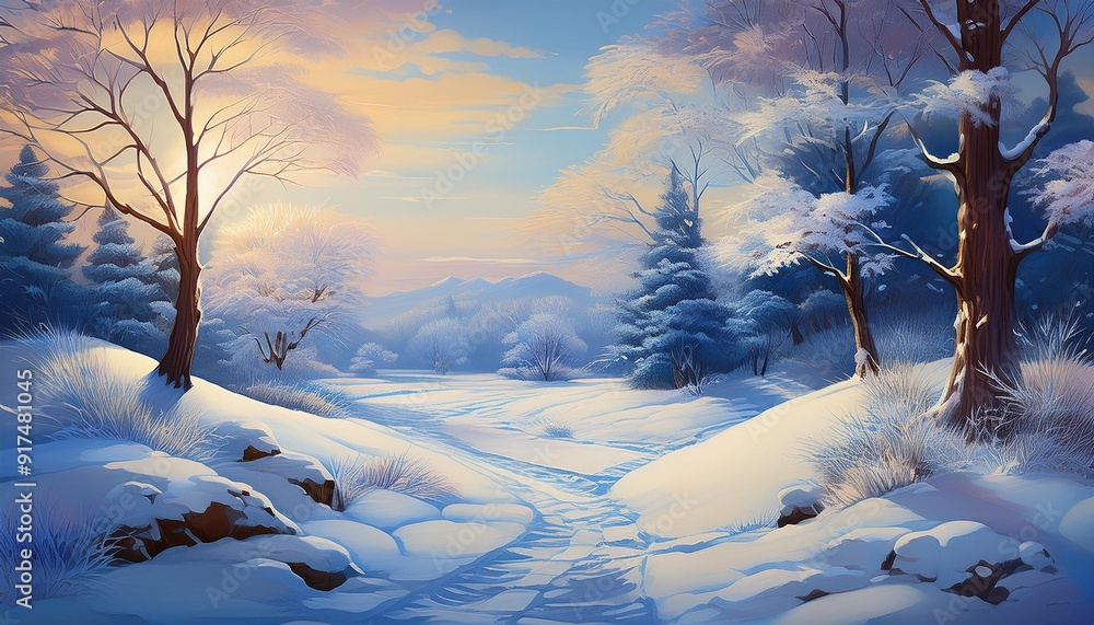 Sticker A painting depicting a winter scene with snow covering the ground and trees, creating a serene atmosphere