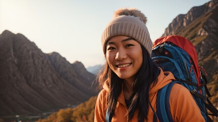 Naklejka premium Glad Lady Beanie Backpack Mountainous Environment