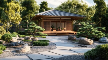 Obraz premium A serene Japanese backyard with a traditional tea house, bonsai trees, and a zen rock garden in anime style