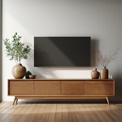 Television put on tv stand wood table, in minimal empty space living room background white wall, created with Generative Ai Technology