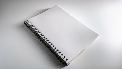 A white spiral bound notebook is laying flat on a white surface, the notebook is closed and the binding is visible