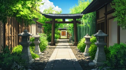 Obraz premium A traditional Japanese house's backyard featuring a torii gate, stone lanterns, and a bamboo garden in anime style