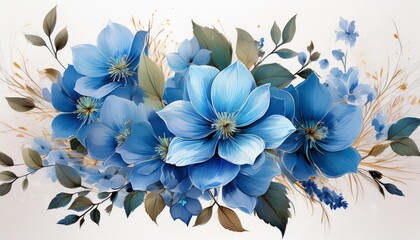 A digital illustration depicting a bouquet of blue flowers with delicate leaves on a white background