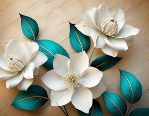 A close-up of three white flowers with teal leaves on a distressed beige background