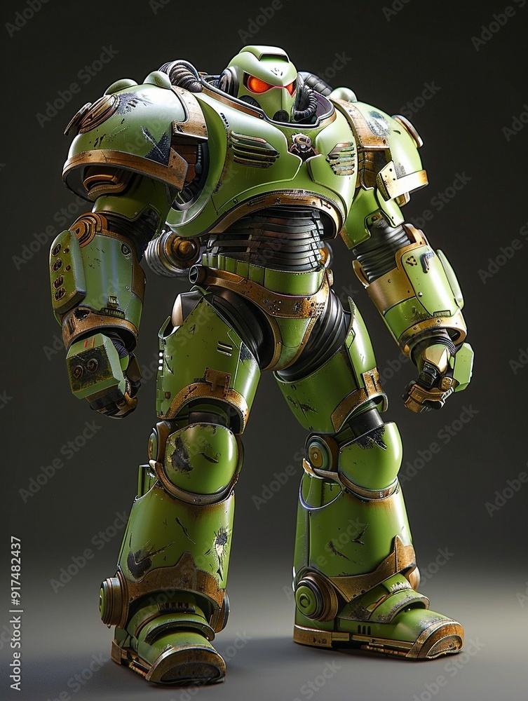 Poster a green and metallic robot suit, designed for combat, standing in a strong pose, highlighting its me