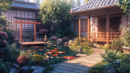 Obraz premium A traditional Japanese house's backyard with a torii gate, zen garden, and a small wooden bridge over a koi pond in anime style