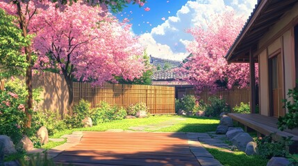 A traditional Japanese house's backyard with blooming cherry trees, a bamboo fence, and a small wooden deck in anime style