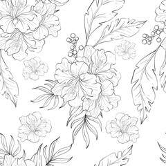 Vector seamless pattern Hibiskus bouquet with palm leaves. Background with Tropical botanic illustration. Summer exotic, elegant flora. Black silhouette for circuit © Yekaterina Kashutina