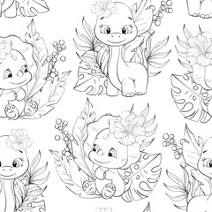 Vector seamless pattern with baby dinosaurs, palm leaves, tropical flowers. Clipart for baby shower, nursery, decor, stickers, prints with historical animals. Jurassic period. Black silhouette for