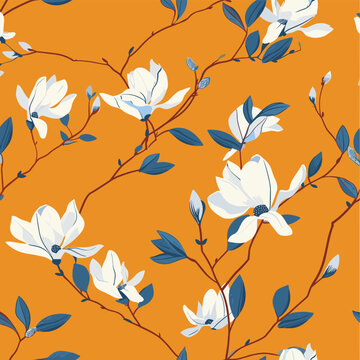 A seamless pattern featuring white magnolia flowers and blue leaves on a vibrant orange background This design is perfect for creating elegant and sophisticated patterns for fabrics wallpapers and oth