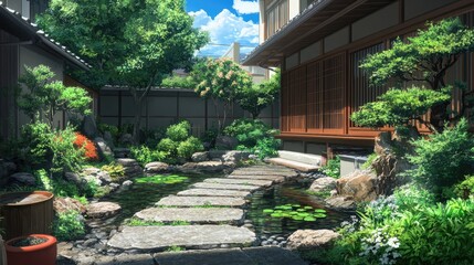 Anime-style backyard of a Japanese home with a stone pathway, bonsai trees, and a tranquil koi pond