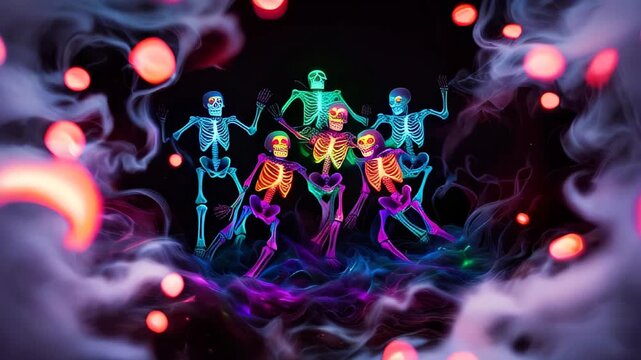 Halloween skeletons party in neon style. Dancing skeletons halloween background with blurred bokeh lights. Copy space template backdrop