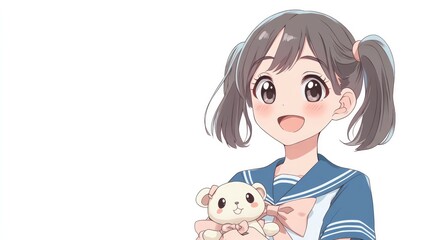 Fototapeta premium Anime-style cute woman with twin pigtails, a cheerful expression, and a cute school uniform, holding a plush toy, isolated on white