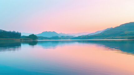 Obraz premium A serene lake at sunrise, calm water reflecting the colorful sky