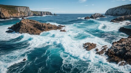 Obraz premium Jagged cliffs meet the churning navy sea under a clear sky 