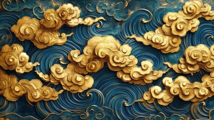 Ornamental golden cloud and blue wave motifs, reflecting an oriental style with elaborate inlay, eccentric penmanship, and biomorphic design, enhanced by Shin Hanga artistry