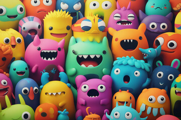 A colorful and lively collection of cute, cartoonish characters packed closely together, each with distinct expressions and shapes