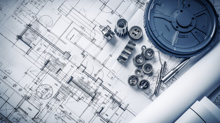 Industrial Machine Components With Detailed Technical Blueprint And Precision Tools