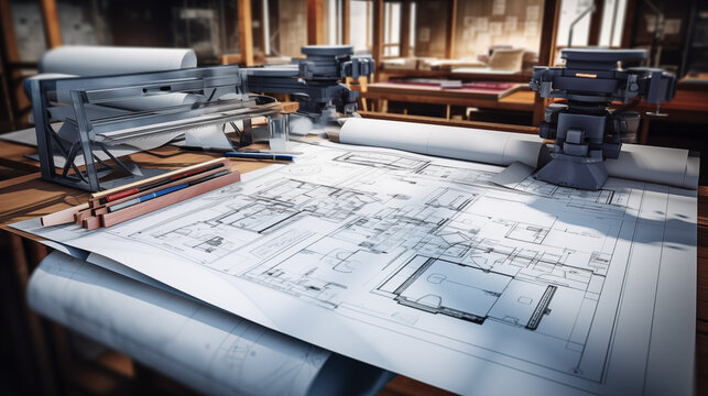 Architectural Blueprint With Precision Drafting Tools On Wooden Desk Detailed Floor Plans And Technical Drawing Equipment In A Sunlit Workspace