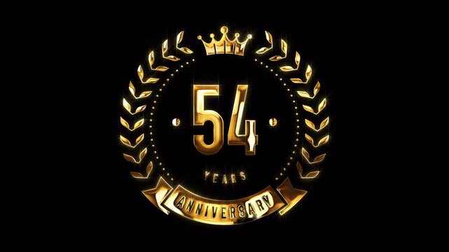54th Anniversary Celebration. Happy 54 Years Anniversary Animation in Gold Color on the Transparent Background, Alpha Channel. Great for greetings, celebrations, events, and gifts.
