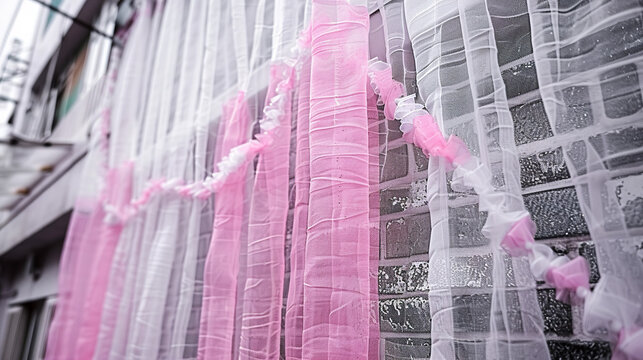 Pink and White Urban Drapes on Building.