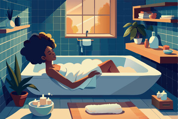 Obraz premium African young woman taking a bath flat vector illustration. Hygiene, morning routine, bathroom concept