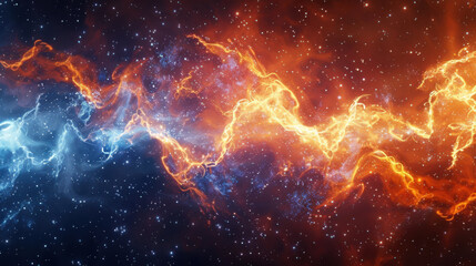Fototapeta premium A spectacular cosmic scene, flowing waves of orange and blue gases, scattered with twinkling stars, deep space background