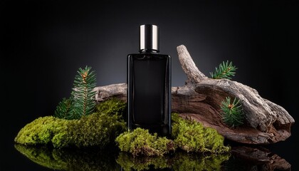 Black glass square bottle of perfume or cologne surrounded by wood and vegetation. Natural, fresh, woody scent.