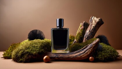 Black glass square bottle of perfume or cologne surrounded by wood and vegetation. Natural, fresh, woody scent.