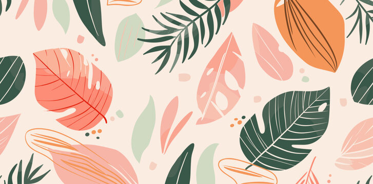 A seamless pattern featuring a variety of stylized leaves in pink green and orange hues against a soft cream background The leaves are arranged in a random pattern creating a visually appealing and dy