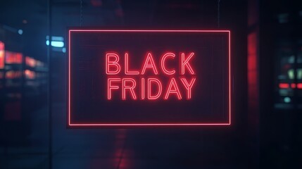 Black Friday text in glowing red neon light frame