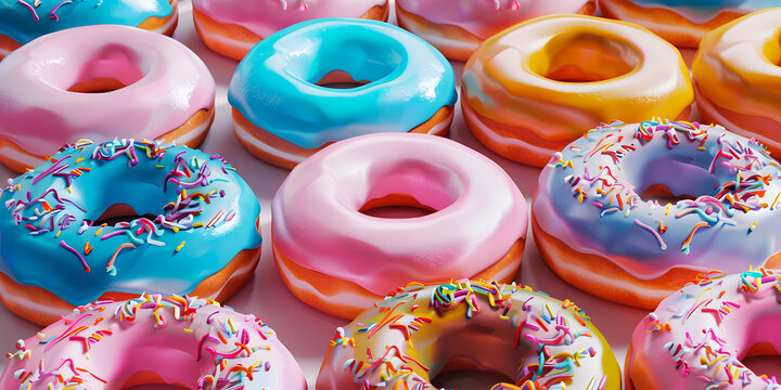Plano de donas de colores con chispas de colores glaseadas 