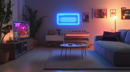 Minimalist Loft for Game Night: Neon Lights and Sleek Design