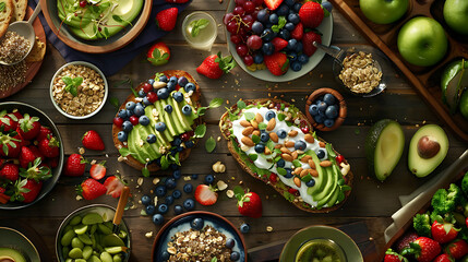 Fototapeta premium healthy food table top view featuring avocado toast, fresh fruits like strawberries and blueberries, bowls of yogurt with granola and nuts, directly above view, all arranged on a rustic wooden table.