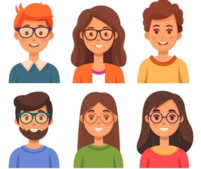 Obraz premium Illustrated Collection of Happy Diverse Characters with Glasses for Profile Avatars and Social Media.