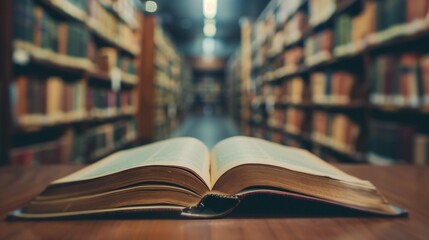 Open Book on Library Table with Blurred Bookshelves in the Background - Knowledge and Education Concept.