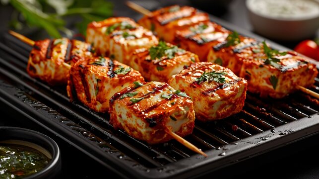 Grilled Paneer Skewers on a Grill Pan